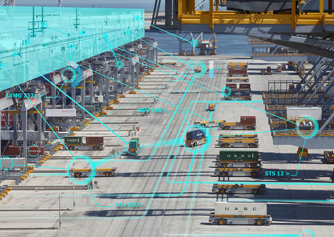 Port with mobile equipment and data visualizations